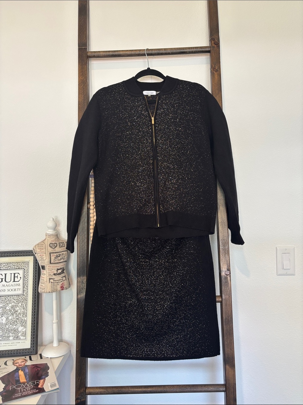 Calvin Klein Black A-Line Shimmer Skirt with Matching Bomber